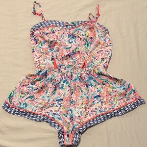 Victoria's Secret Colorful Paisley Print Sleepwear Romper with Navy Trim